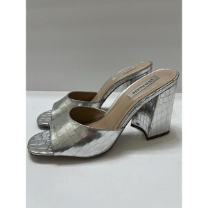 Steve Madden Women's Alaya Leather Heeled Sandals Silver Metallic 10M
